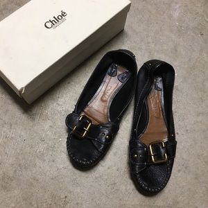 Authentic Black Chloé Loafers with Brass Hardware